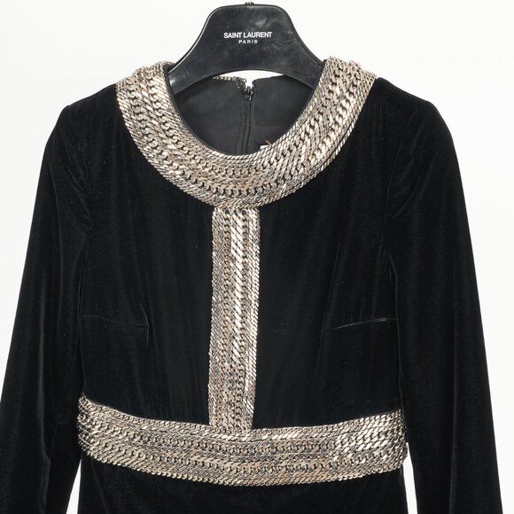 Saint Laurent AW/14 Runway Black Velvet Chain-Embellished Mini Dress - Picture 5 of 14